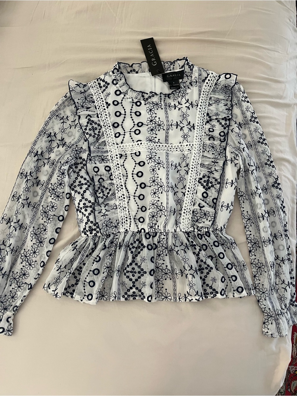 Gracia White and dark blue Embroidered Peplum Ruffle Blouse
